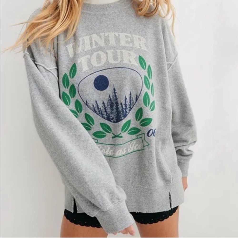 NWT! Aerie The Chill Cozy Crew sweatshirt in grey "Winter Tour '06 Cold as Ice"